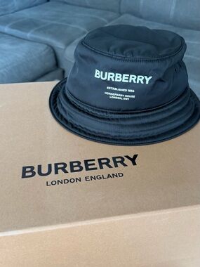 Burberry Black Nylon Bucket Hat with White Logo
